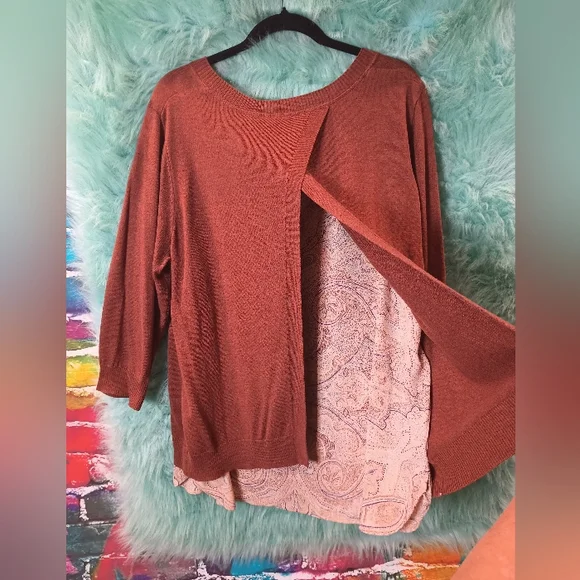 Dalia Rusty Brown Crew Neck Long 3/4 Sleeve Layered Top Size 1X - Picture 8 of 11